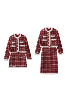 秋冬季新款复古小香风格纹毛呢外套+半身裙红色两件套装女