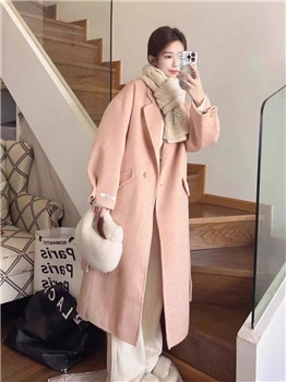 粉色呢大衣女装新款2023韩系高级感小个子温柔风毛呢外套中长款